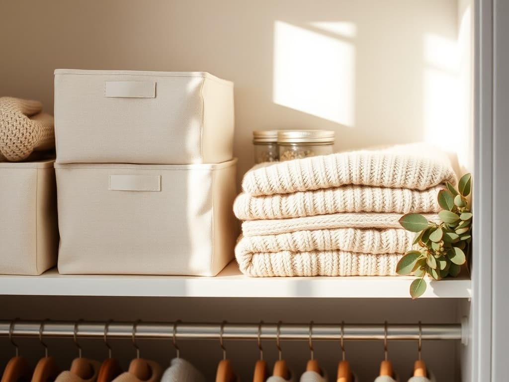 A cluttered closet shelf